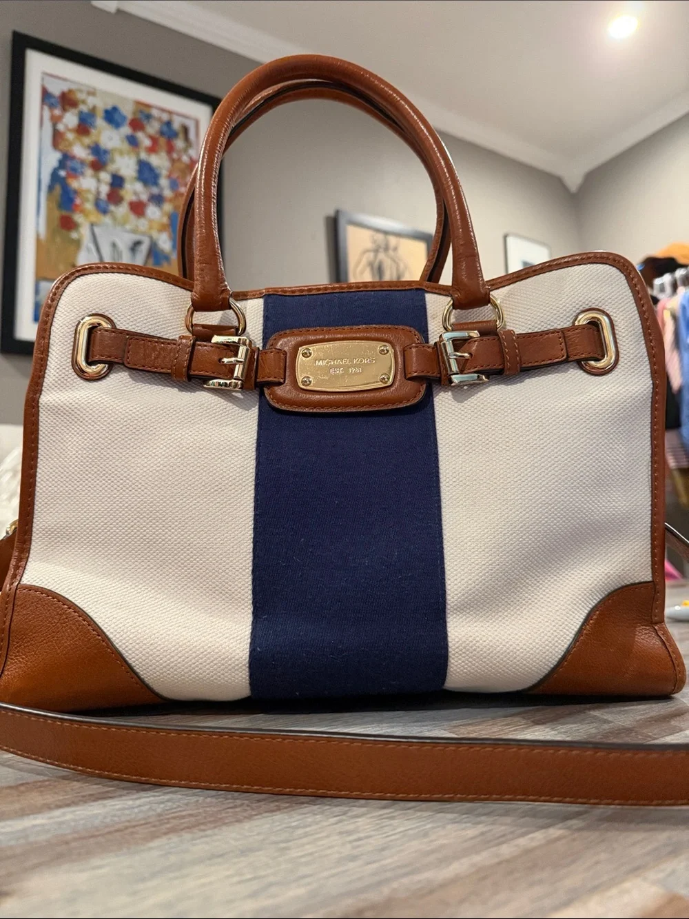 Michael Kors White Canvas Satchel with Navy Center Stripe and Brown Leather Trim